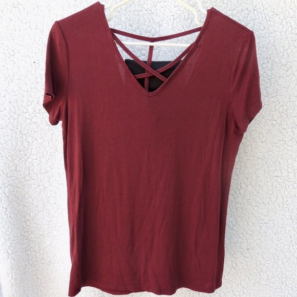 Dark Maroon Short Sleeve Cris Cross V Neck - Picture 1 of 4
